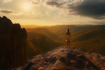 Woman standing on a large rocky outcrop with a breathtaking view of the valley below, AI-generated.