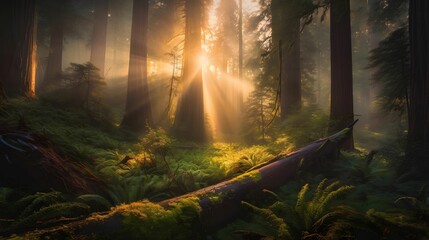 AI generated illustration of a lush, vibrant forest with the sun shining through
