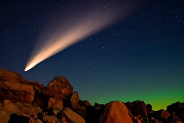 AI-generated illustration of a stunning nighttime with a comet streaking across the sky.