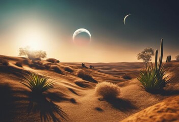 Desolate desert landscape with sun rays creating shadows across the sandy terrain, AI-generated.