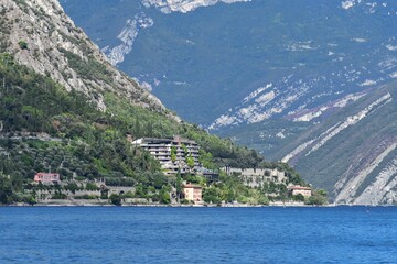 Scenic view of the lake Garda with majestic mountains in the background, in Italy