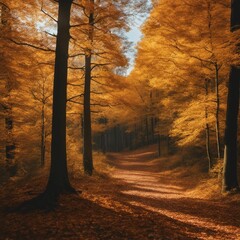AI generated illustration of a scenic pathway lined with trees and autumn foliage