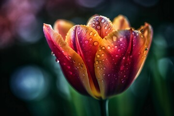 AI-generated illustration of a colorful tulip with sparkling water droplets.