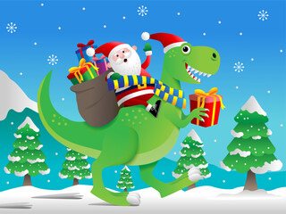 A festive illustration featuring a dinosaur carrying santa and Christmas present on its back. This asset is perfect for christmas-themed designs, greeting cards, or children's book illustrations.