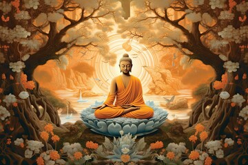 AI generated illustration of the Buddha statue meditating near a pond surrounded with lush foliage