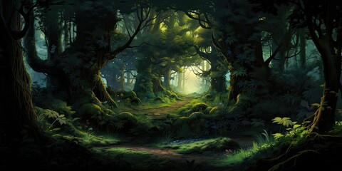 AI generated illustration of a lush green forest with a winding path cutting through the foliage