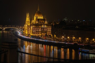 Beautiful shot of Hungarian parliament building in Budapest at night