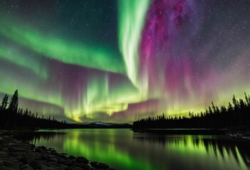 AI generated illustration of a stunning aurora lights up the night sky above the Arctic landscape
