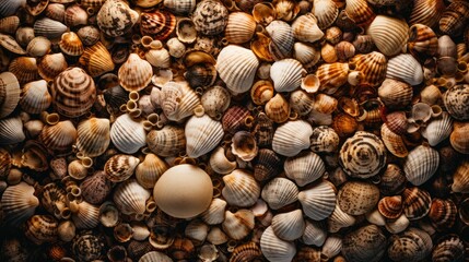 AI generated illustration of a variety of shapes and sizes of seashells in a pile
