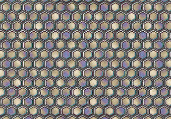 Artistic hexagonal pattern with large cells and colored fine stone or marble texture inside the cells.