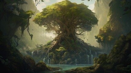 AI generated illustration of a fairytale landscape featuring a tall, lush tree growing over water