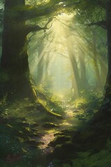 AI generated illustration of a scenic pathway through a lush green cartoon forest