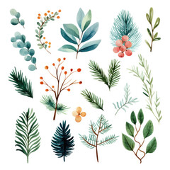 Watercolor Christmas Floral Collection Featuring Festive Wreaths, Spruce Branches, Cones for Holiday Designs. AI Generated.