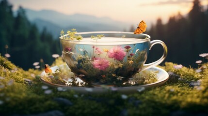 AI generated illustration of a transparent teacup in the lush green mossy forest ground