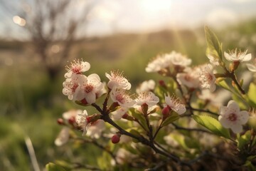 AI generated illustration of a vibrant garden with small white flowers blooming in the sunshine