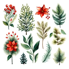  Watercolor Christmas Floral Collection Featuring Festive Wreaths, Spruce Branches, Cones for Holiday Designs. AI Generated. © overlays-textures