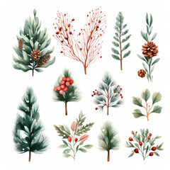 Watercolor Christmas Floral Collection Featuring Festive Wreaths, Spruce Branches, Cones for Holiday Designs. AI Generated.