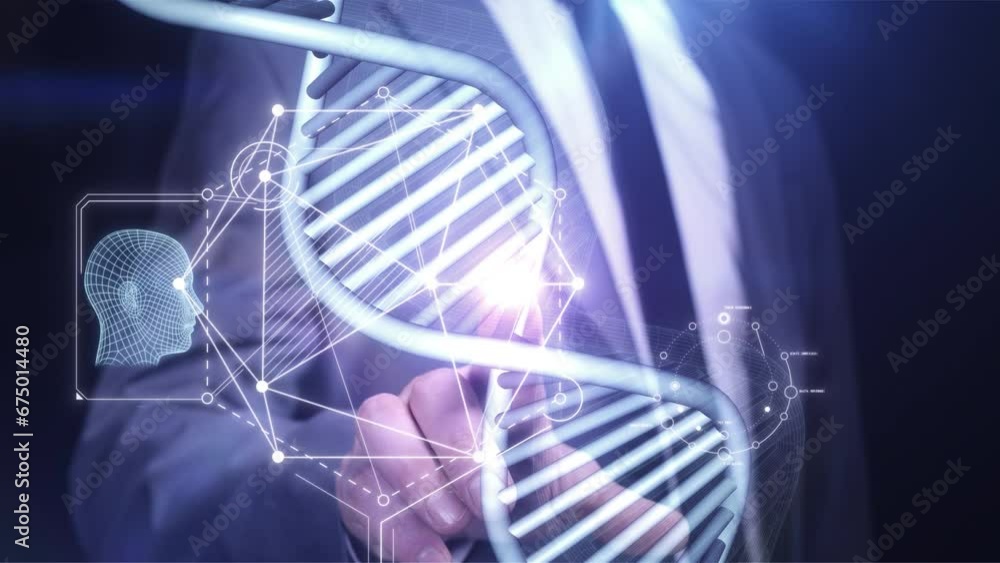 Poster a man works on a virtual panel with the dna structure.