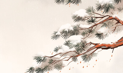 Ancient style cedar wild pine, snowy branches in winter Chinese style illustration