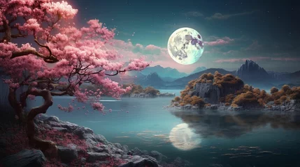 Fotobehang AI generated illustration of a pink tree atop a rocky cliff with a full Moon in the background © Wirestock