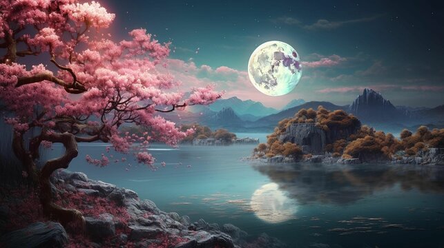 AI generated illustration of a pink tree atop a rocky cliff with a full Moon in the background