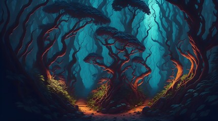 Fototapeta na wymiar AI generated illustration of a vibrant colorful mystery forest with an alluring atmosphere