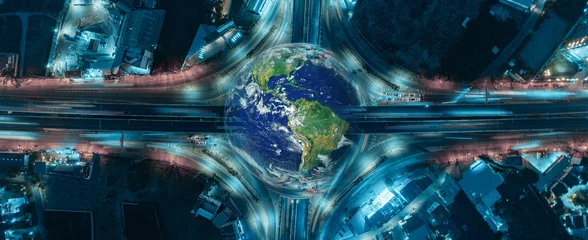 Photo sur Plexiglas Etats Unis Expressway road with earth planet, Road and Roundabout. Public Modern Clever transportation and transport or commuter transport logistics concept. Elements of this image furnished by NASA.
