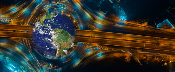 Expressway road with earth planet, Road and Roundabout. Public Modern Clever transportation and transport or commuter transport logistics concept. Elements of this image furnished by NASA.