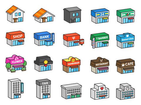 建物のアイコンセット（3D線画）のイラスト