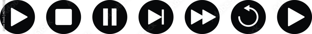 Poster set of media player button icons. play, stop, pause, replay, previous, and next track icon vector. e