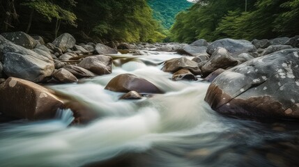 AI-generated illustration of a stream with long exposure surrounded by rocks in a forest