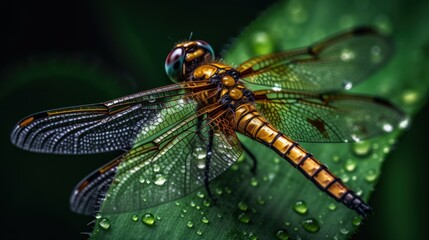 AI-generated illustration of a dragonfly on a green leaf in a field