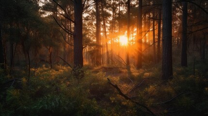 AI-generated illustration of a forest under the bright sunlight during the golden hour