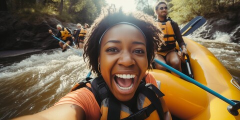 Happy young African American woman doing whitewater kayaking, extreme kayaking, concept of have fun with water sports. - obrazy, fototapety, plakaty