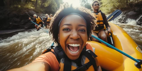 Deurstickers Happy young African American woman doing whitewater kayaking, extreme kayaking, concept of have fun with water sports. © Jasper W