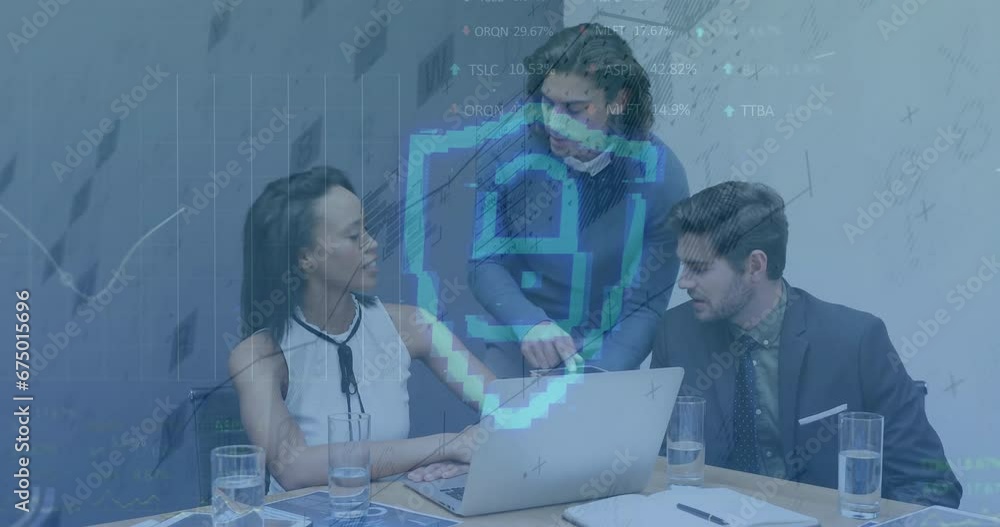 Poster animation of lock in shield with graphs over diverse colleagues discussing in meeting