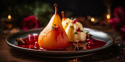 delicious yellow crystal juicy wine poached pears in spicy syrup, seasonal cooking dessert on wooden table. - obrazy, fototapety, plakaty