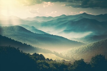 AI generated illustration of a mountain range covered with green forests - obrazy, fototapety, plakaty