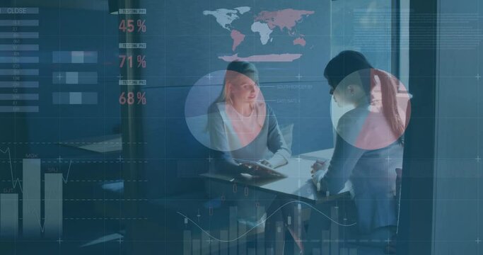 Animation of infographic interface and diverse colleagues discussing over tablet and shaking hands - Powered by Adobe