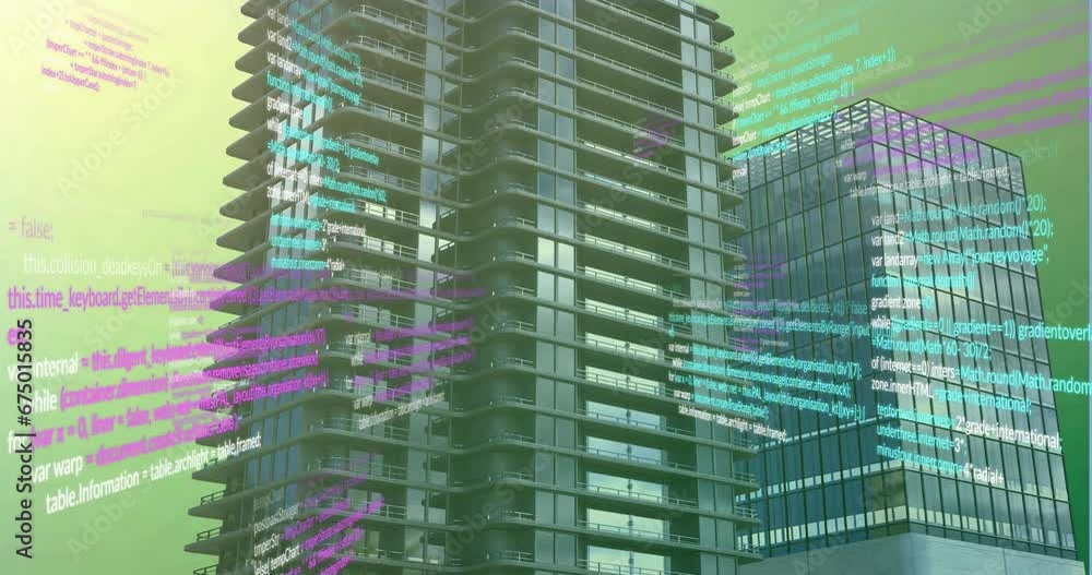 Poster animation of programming language over modern office buildings in city