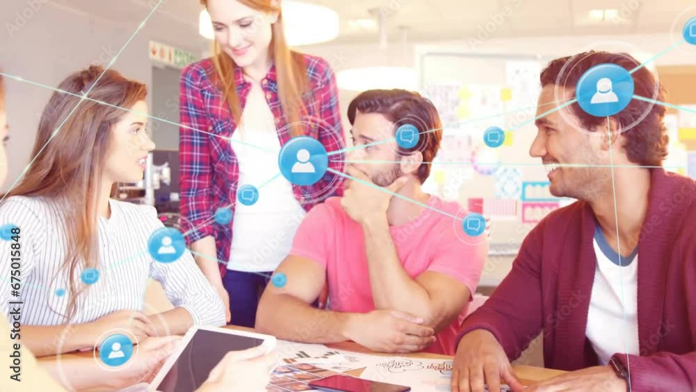 Poster animation of connected profile and message icons over caucasian manager discussing with colleagues