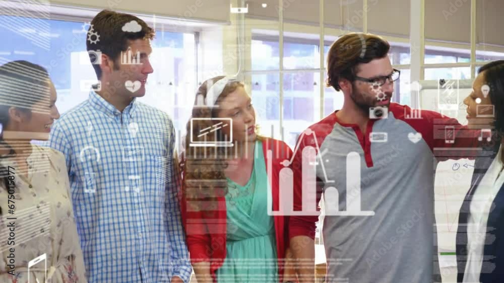 Aufkleber animation of various computer icons over happy diverse colleagues standing and talking in office