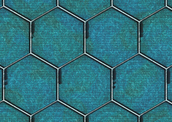 hexagonal harmony: a large-scale dance of polygons on a textured blue-green canvas