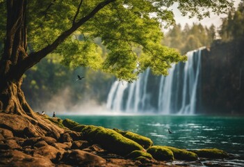 AI generated illustration of a stunning waterfall surrounded by lush green moss and towering trees