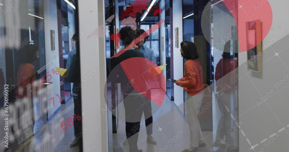 Poster animation of infographic interface over diverse coworkers discussing folder in office corridor