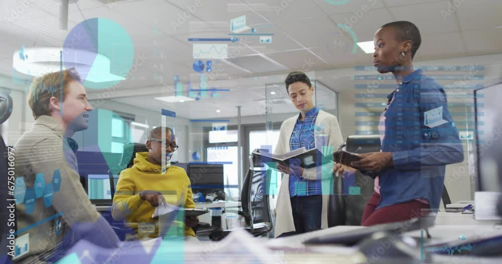 Poster animation of infographic interface and multiracial colleagues discussing sales report in office