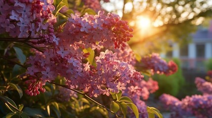 Fototapeta na wymiar Vibrant butterfly bush of pink blossoms basking in golden sunlight. AI-generated.