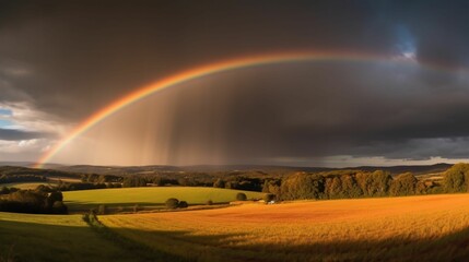 AI generated illustration of a vibrant rainbow across a turbulent sky