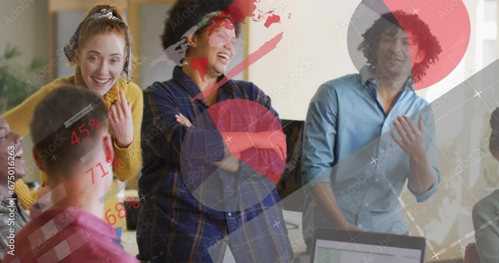 Poster animation of multiple graphs and happy diverse colleagues talking and discussing in office