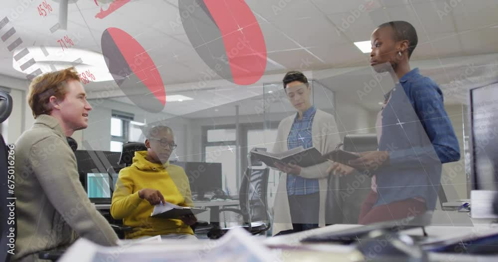 Poster animation of multiple graphs and diverse coworkers discussing sales reports in office